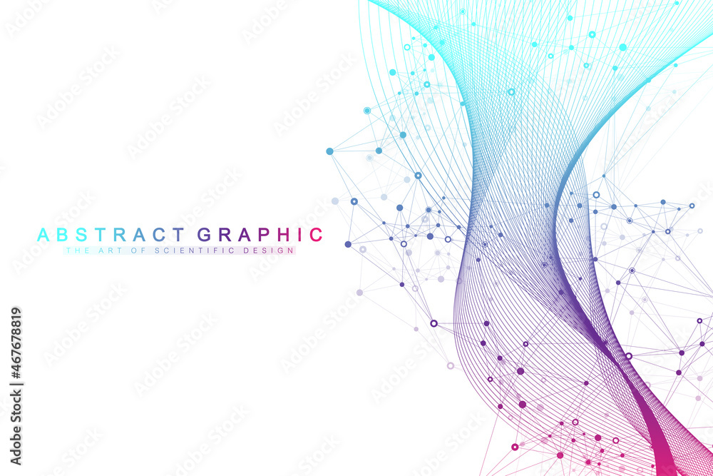 Poster Digits abstract background with connected line and dots, wave flow. Digital neural networks. Network and connection background for your presentation. Graphic polygonal background. Vector illustration.