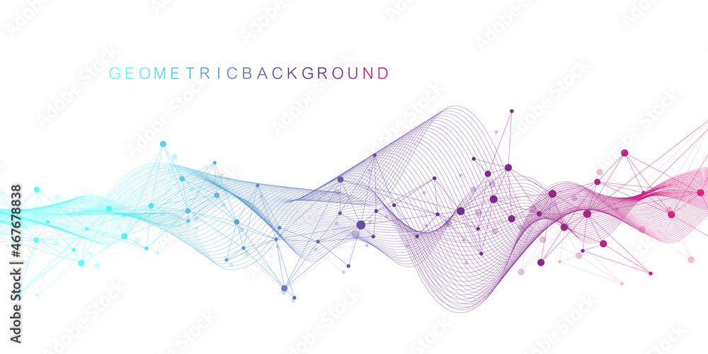 Fototapete Digits abstract background with connected line and dots, wave flow. Digital neural networks. Network and connection background for your presentation. Graphic polygonal background. Vector illustration.