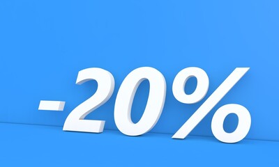 Discount -20 percent of the price of advertising goods. 3d render illustration.