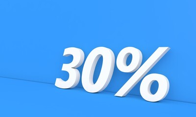 Discount 30 percent off on sale. White numbers on a blue background. 3d render illustration.