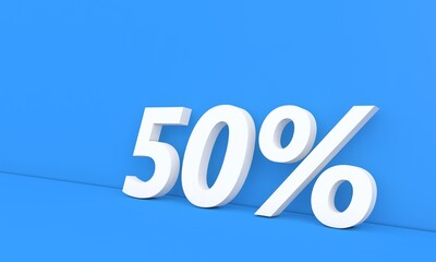 Discount 50 percent off sale. White numbers on a blue background. 3d render illustration.