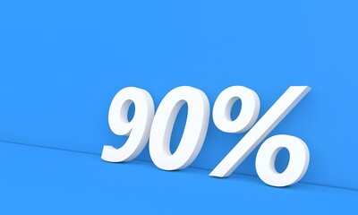 90 percent off sale. White numbers on a blue background. 3d render illustration.