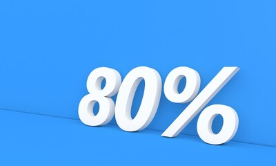 Discount 80 Percent Off Sale. White numbers on a blue background. 3d render illustration.
