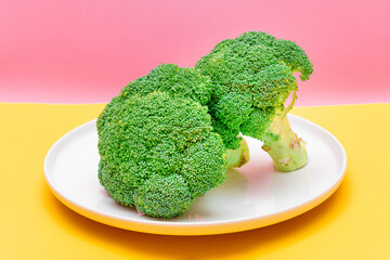 Two Fresh and Raw Pieces of Broccoli on White Plate. Uncooked Green Cabbage. Vegan and Vegetarian Culture. Raw Food. Healthy Eating and Vegetable Diet