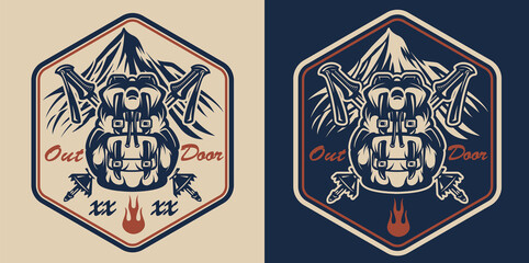 Vintage hiking emblem with backpack and trekking poles. Perfect for shirt design and logos, many other