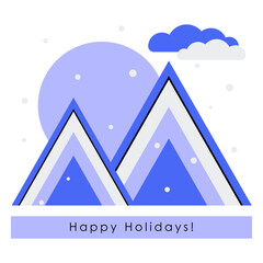 greeting  winter card. Vector abstract flat illustration of mountains, sun, snow, clouds. 