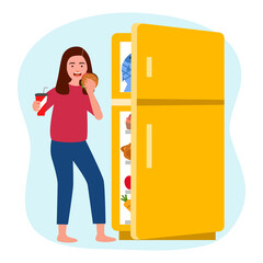 Hungry woman eating hamburger and soda drink near refrigerator in flat design on white background. Female steal eating food in fridge.