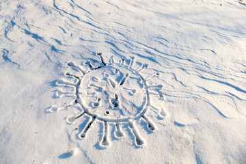vierte Welle Corona Virus Symol in Schnee gezeichnet 