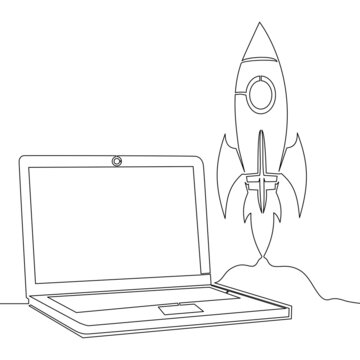recommend clip art: Continuous line rocket launch from laptop startup