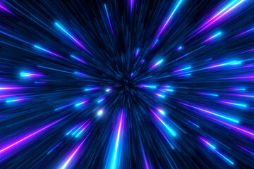 Naklejka premium Abstract background in blue and purple neon glow colors. Speed of light in galaxy. Explosion in universe. Cosmic background for event, party, carnival, celebration, anniversary or other. 3D rendering.