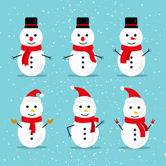 Lovely christmas snowman Six character collection in flat design