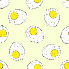 The pattern of the egg. seamless fried egg pattern top view. Fried eggs in vintage style sketch. the black outline is bright yellow golden-white chaotically on a light pastel yellow background