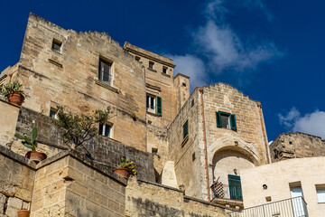 Historic structures and Houses in the ancient city center of Matera in the Basilicata Region of Italy. Matera was the European Capital of Culture in 2019. 