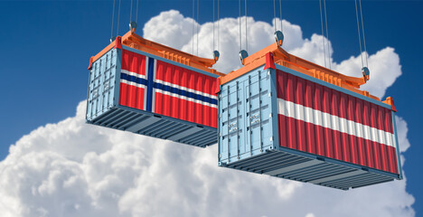 Freight containers with Norway and Latvia national flags. 3D Rendering 