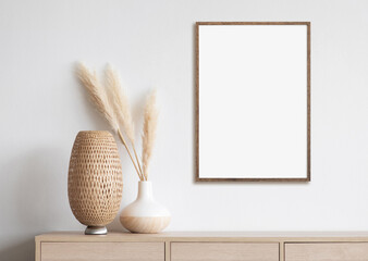 Blank picture frame mockup on white wall. Template for painting or poster. White living room...