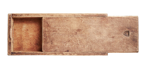 wooden box with half-open lid on white background