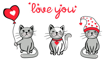 Cute Cartoon  funny cats with love and hearts for Valentine day. Vector illustration in doodle style.