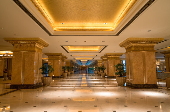 ABU DHABI, UAE - 22 MARCH 2017:Interior of Emirates Palace. Emirates Palace is a luxurious and the most expensive 7 star hotel designed by renowned architect, John Elliott RIBA
