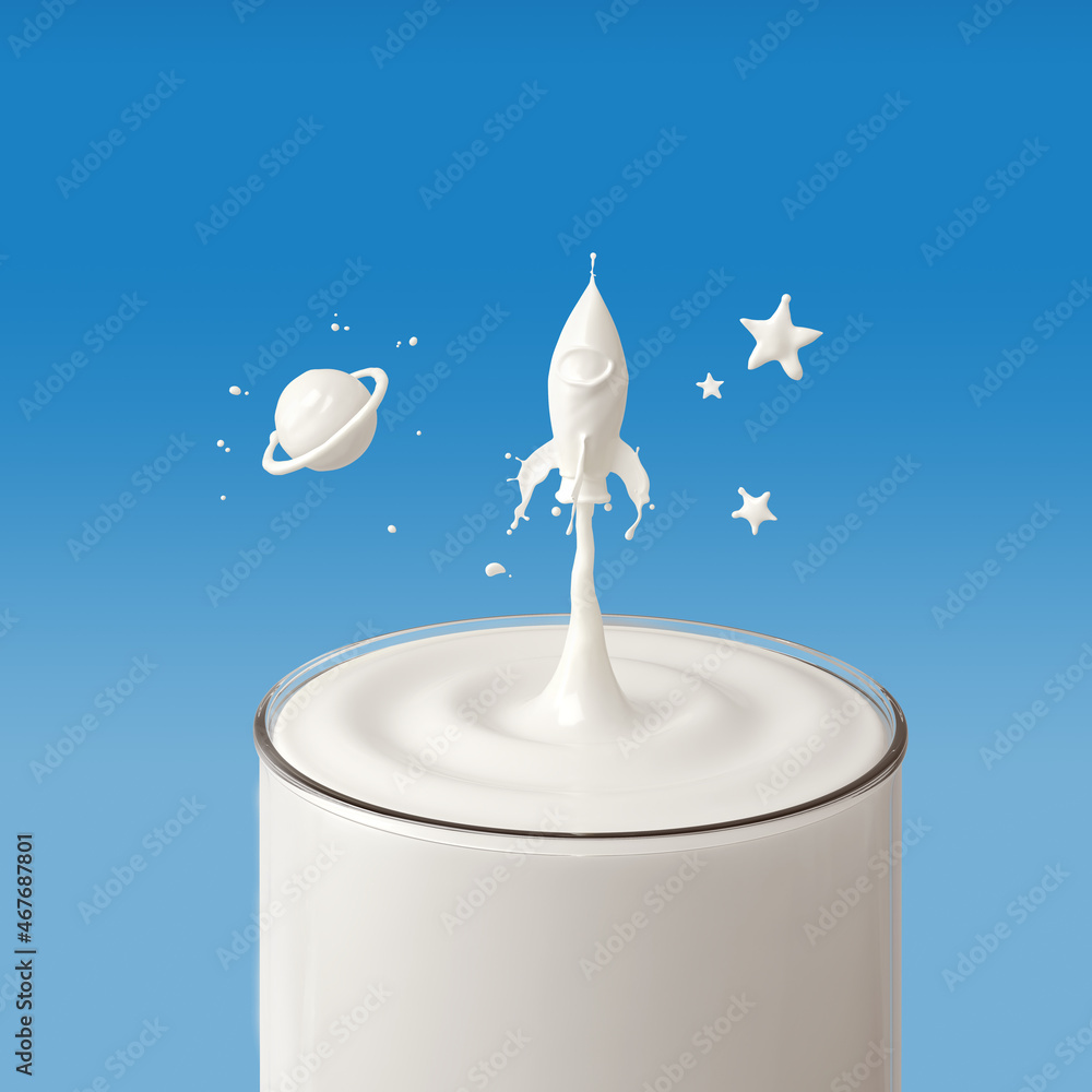 Poster splash of milk in form of rocket shape, with clipping path