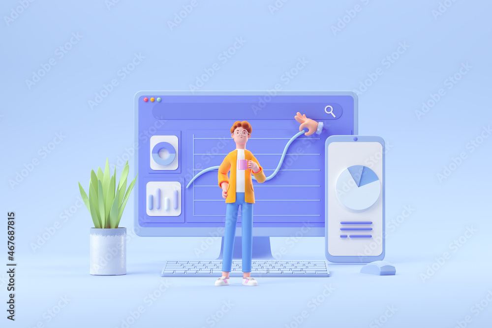Fototapete 3d Cartoon character and Computer with open pages, web analytics, SEO Optimization, dashboard and business finance report, 3d rendering illustration.
