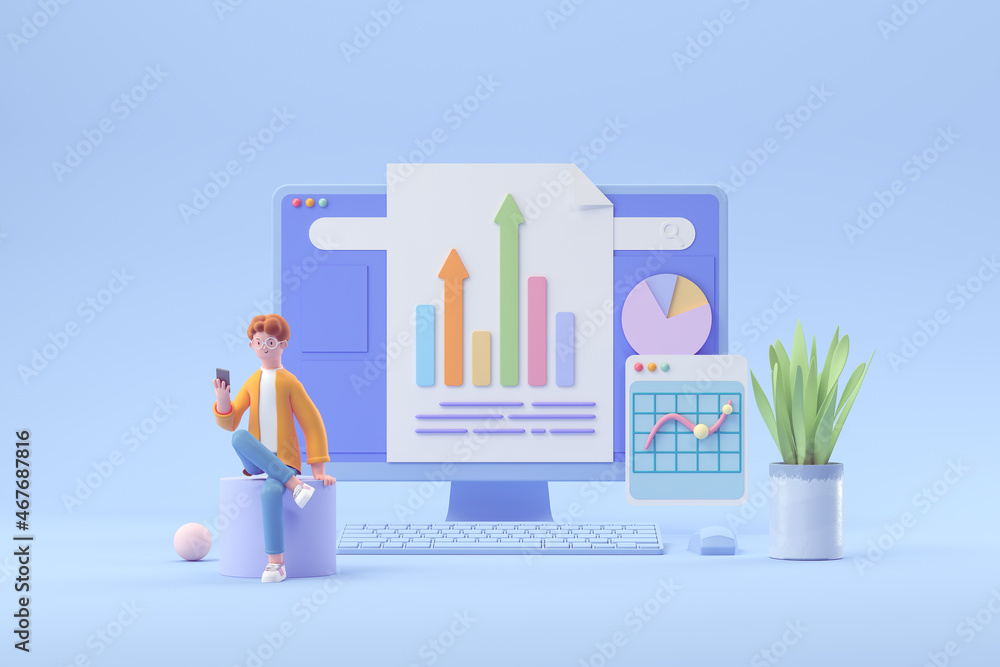 Fototapete 3d cartoon character and computer with open pages, web analytics, seo optimization, dashboard and bu