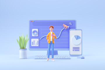 3d Cartoon character and Computer with open pages, web analytics, SEO Optimization, dashboard and business finance report, 3d rendering illustration.