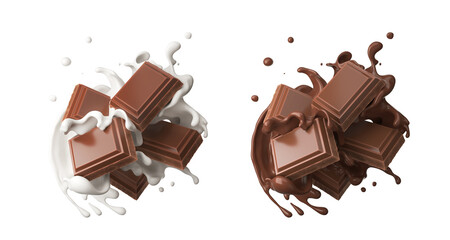 dark chocolate bar icon with milk and chocolate cream splash