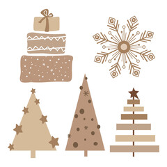 Rustic Christmas tree, gift box and snowflake set. Modern boho winter vector illustration. Neutral beige alternative trees art. © Iryna