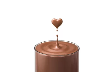 Selbstklebende Fototapeten Chocolate splash in heart shape on milk glass, 3d illustration with Clipping path. © Anusorn