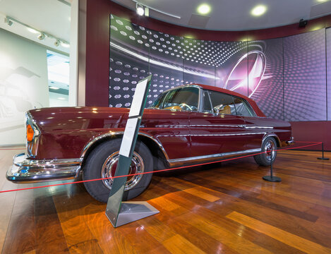 WEYBRIDGE,ENGLAND-MARCH 1, 2017: Classic red Mercedes-Benz W114 .The W114 and W115 models was a series of sedans and coupés introduced in 1968 by Mercedes-Benz