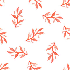 Seamless pattern with hand-drawn watercolor red branches with leaves on white. Autumn season. Organic, natural, freshness concept for textile, print, etc.