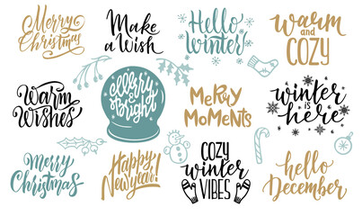 Merry Christmas and Happy New Year typography collection. Calligraphy card sticker graphic design element. Handwritten sign. Vector photo overlay Winter holidays. Scandinavian style