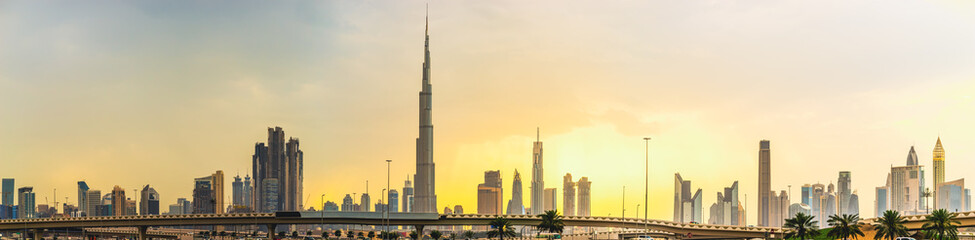 Skyline panorama of Dubai at sunset, UAE