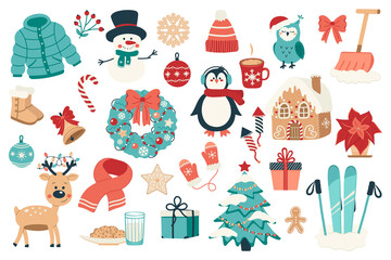 Christmas and happy new year elements collection. Isolated vector illustration