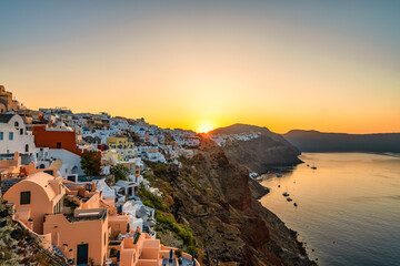 Fototapeta na wymiar Oia village at sunrise on Santorini island. Greece 