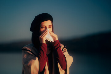 Woman Feeling Sick and Cold Blowing Her Nose 