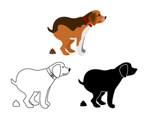 Pooping dog vector illustration. Dirty dog. Dogs poop clip art, pet feces and dog vector silhouettes isolated on white background