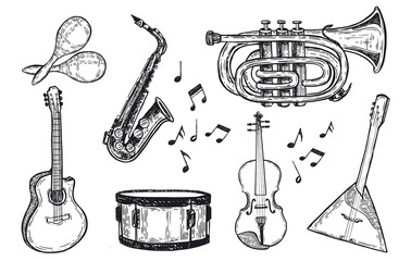 Musical instruments hand drawn illustration.