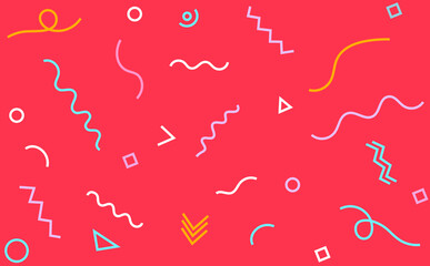 Bright Red Abstract Colorful Background Pattern with Geometric Shapes (Squiggly Line and Zig-Zag Pattern). Fun Pink, Purple, Yellow, and Blue backdrop.