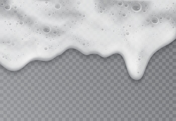 Foam with soap or beer bubbles, top view vector illustration. 3d realistic border texture of summer ocean water foamy wave on beach, shower shampoo soapy suds, beer drink on transparent background