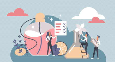 Perfume scent creation vector illustration. Cartoon perfumers create fragrance composition, standing near spray bottle with toilet water and fragrant ingredients. Perfumery, aromatherapy concept