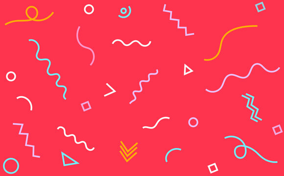 Bright Red Abstract Colorful Background Pattern with Geometric Shapes (Squiggly Line and Zig-Zag Pattern). Fun Pink, Purple, Yellow, and Blue backdrop.