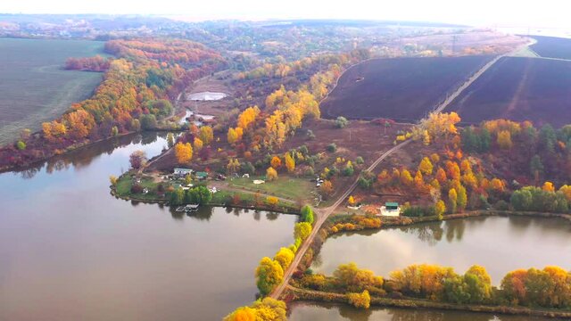 Autumn landscape. Arboretum them. Dokuchaev. 4K aerial photography.
