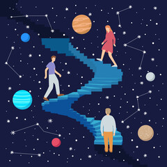 People are walking up the spiral staircase around the stars and the planet.