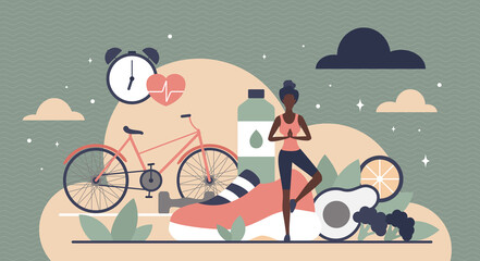 Girl choosing healthy lifestyle vector illustration. Cartoon female character practicing yoga near sport equipment, vegetables and water bottles. Healthy lifestyle, diet and weight loss concept