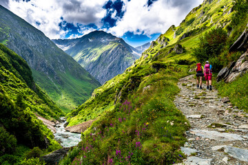 Fototapeta na wymiar Valley Of Umbalfaelle On Grossvenediger With View To Mountain Roetspitze In Nationalpark Hohe Tauern In Tirol In Austria