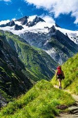 Fototapeta na wymiar Hiking Young Woman In Valley Of Umbalfaelle On Grossvenediger With View To Mountain Roetspitze In Nationalpark Hohe Tauern In Tirol In Austria