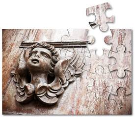 The slow faith building or loss  - concept with a sculpture of an angel on a wooden door - faith...