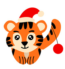 Cute tiger in christmas hat. New year illustration for kids