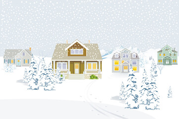 Landhäuser zu Weihnachten in der Schneelandschaft